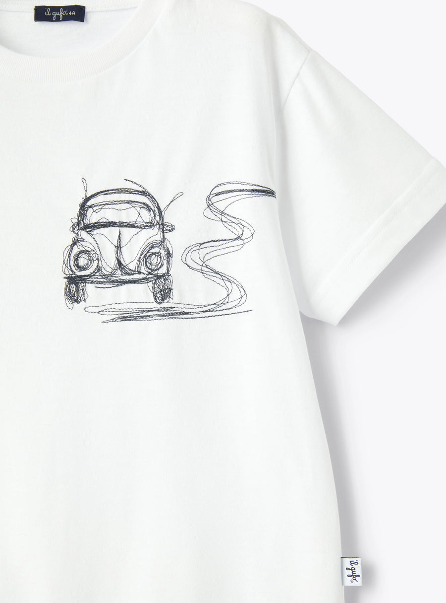 White T-Shirt with blue Car Embroidery