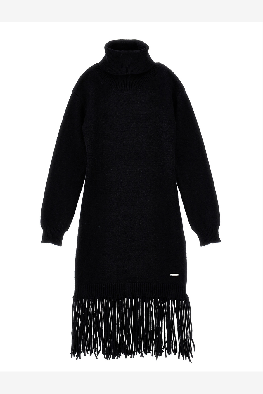 Strickkleid mit hohem Kragen und Fransen
