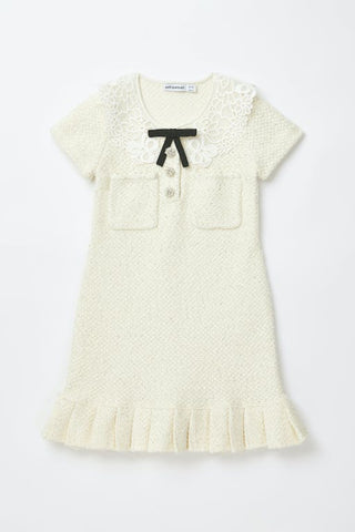 Cream Sequin Knit Lace Collar Dress
