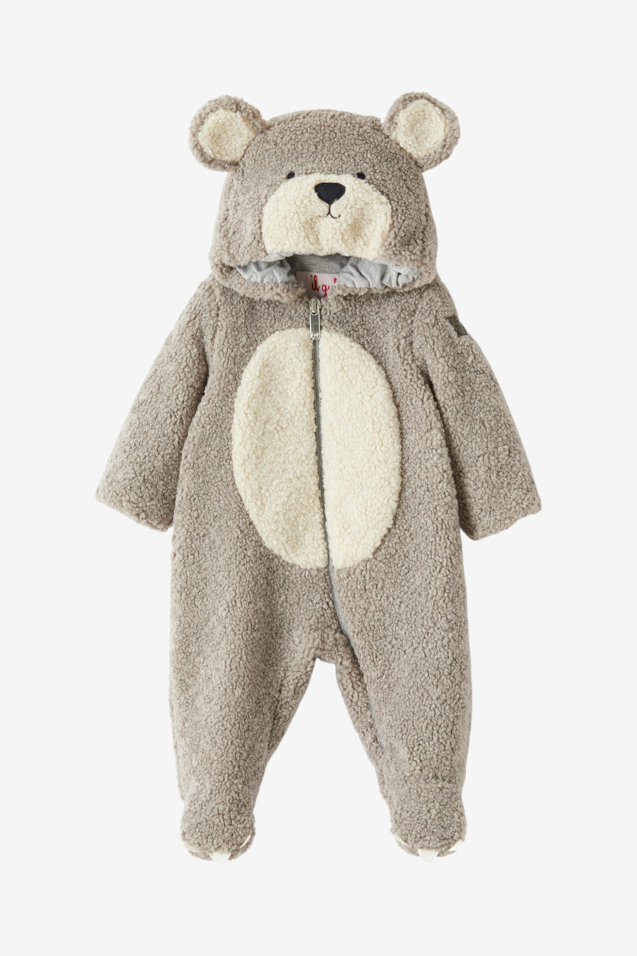 Bären-Schneeanzug auf grauem Teddyplüsch