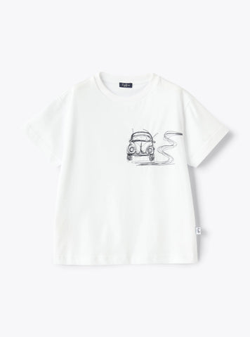 White T-Shirt with blue Car Embroidery